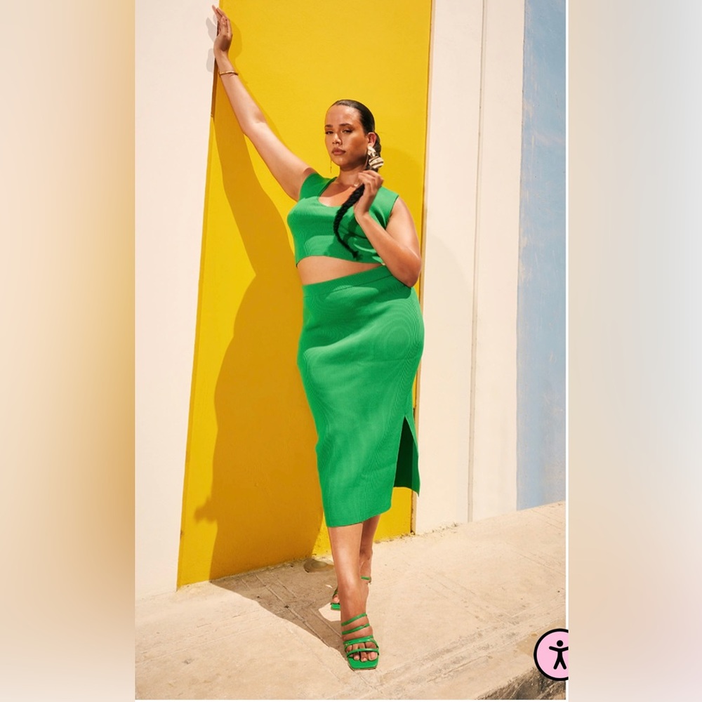 Plus Bright Green Rib Knit Plunge Crop Top and skirt